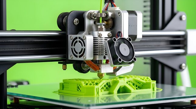 3D Printer Creating Green Object, Technology, Innovation, Modern Manufacturing