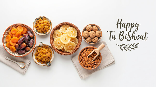Tu BiShvat Jewish Holiday Banner with Bowls of Assorted Dried Fruits Nuts and Copy Space