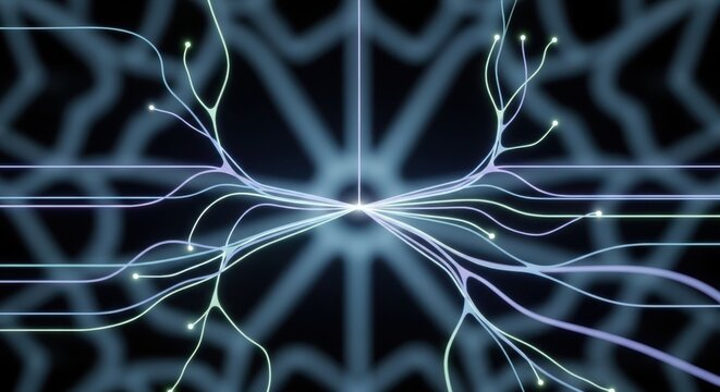 Digital neural network simulation portraying complex data flow and interconnectedness conveying abstract concepts of artificial intelligence and global information systems with intricate luminous path