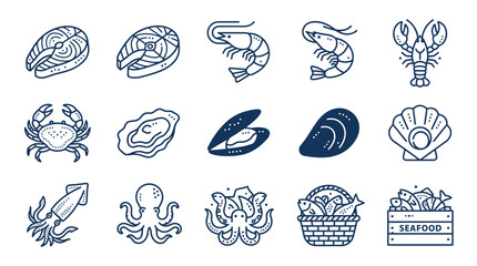 Collection of seafood and ocean creature icons. © Belajar