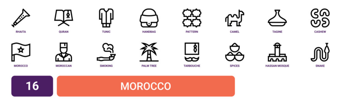 Set of 16 outline web Morocco icons such as snake, hassan mosque, spices, tarbouche, palm tree, smoking, moroccan vector icons for report, presentation, diagram, web design, mobile app