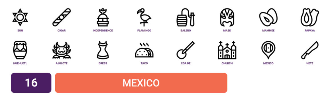 Set of 16 outline web Mexico icons such as hete, mexico, church, coa de jima, taco, dress, ajolote vector icons for report, presentation, diagram, web design, mobile app