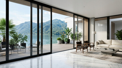 Fototapeta premium Modern living room with panoramic lake view and sliding glass doors