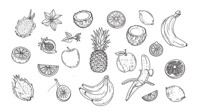 Collection of assorted fruit icons, black outline on white, including banana, pineapple, dragon fruit, and citrus, simple graphic elements