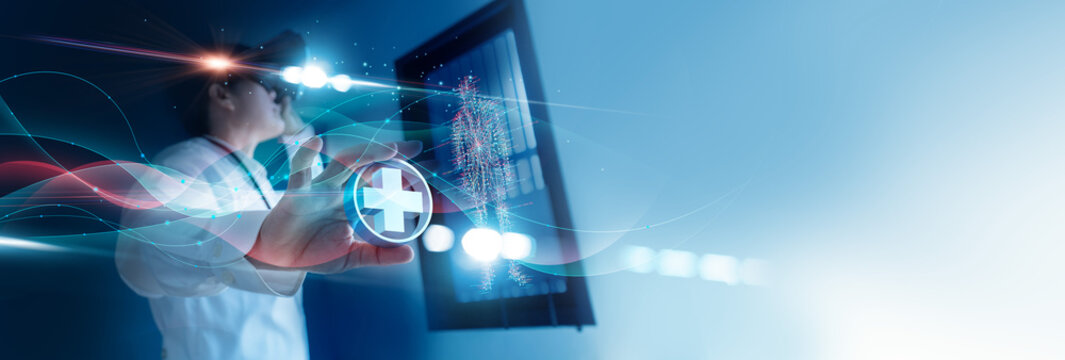 Futuristic virtual doctor using virtual reality simulator on holographic medical interface with anatomical data projection hologram on network.