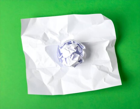 White crumpled paper ball sits on a slightly crumpled sheet on green background, top view
