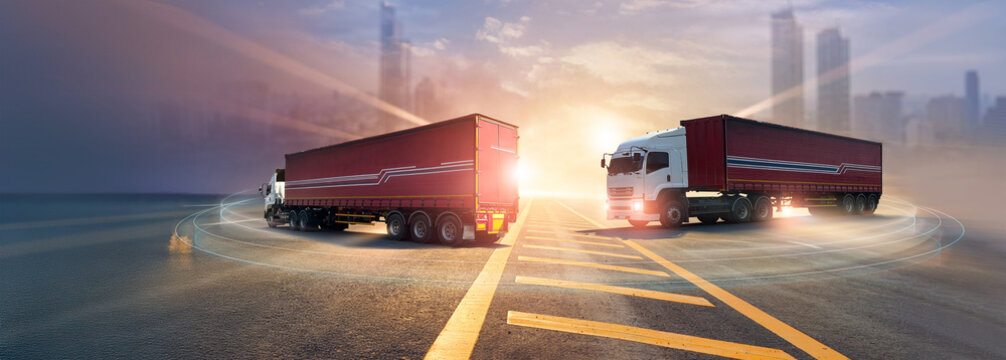 Logistics and transportation, Trucks on highway and transportation operation service. Network distribution of Container Cargo, Smart logistics and future of transport on global networking.