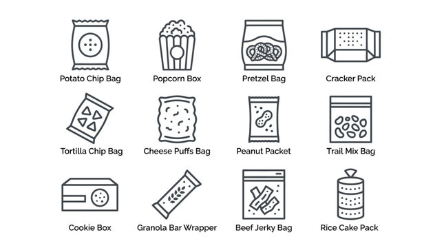 Collection of illustrated snack food packaging icons.