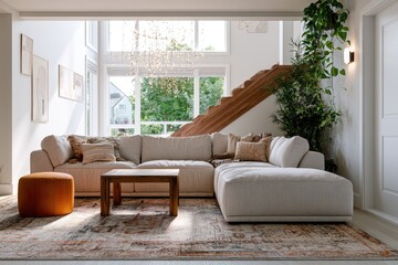 Fototapeta premium Airy, sunlit living room with L-shaped couch, wooden stairs, and lush greenery