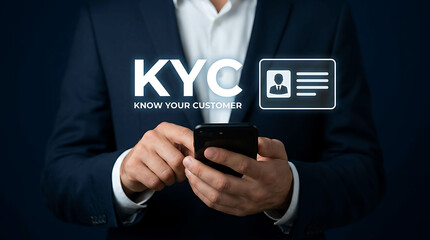 Obraz premium Businessman using smartphone for KYC know your customer verification process online