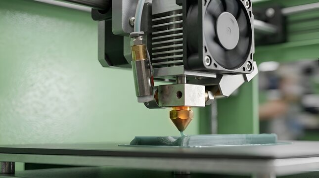 Close-up of 3D printer nozzle creating object layer by layer