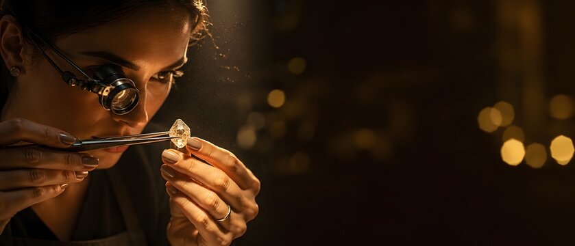 Close up of female jeweler or gemologist examining brilliant diamond with loupe glasses and tweezers, luxury craftsmanship and jewelry design concept with copy space