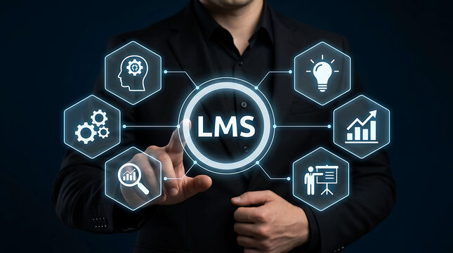 Businessman touching LMS learning management system icon software concept online education