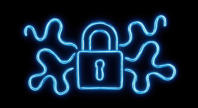 Bright blue neon padlock glowing with abstract, energetic lines on black