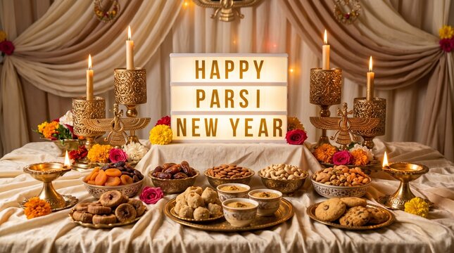 elegant parsi new year celebration with golden lightbox traditional sweets dry fruits and glowing oil lamps on cream background festive table decor