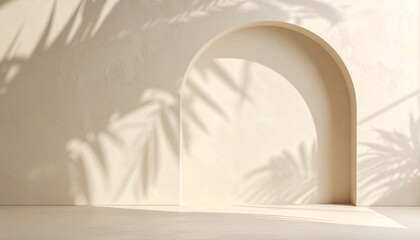 Fototapeta premium Minimal arched doorway with soft sunlight and tropical leaf shadows on a warm beige wall, creating a serene, modern architectural backdrop with elegant simplicity.