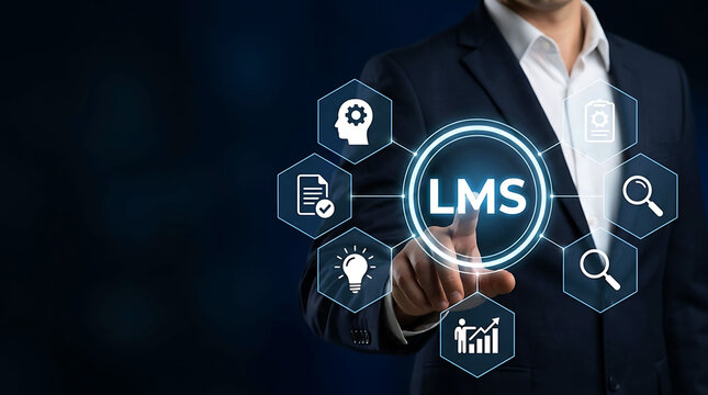 Businessman touching LMS learning management system icon on digital interactive interface