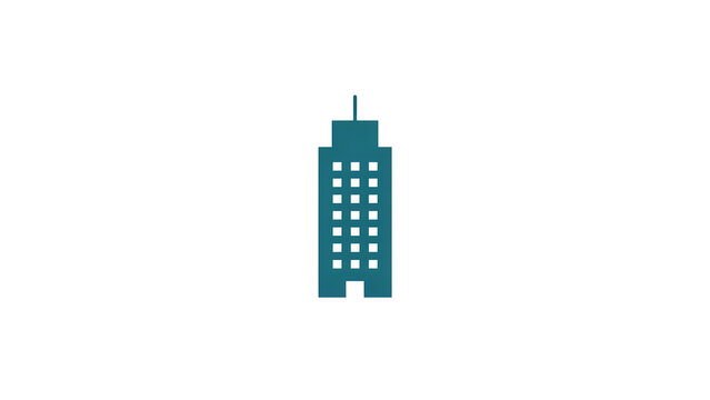 Minimalist skyscraper icon in teal blue, modern office building silhouette, corporate architecture symbol on white background