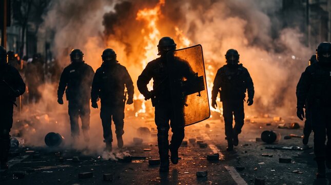 A group of riot police officers in protective gear advance through smoke and fire one holding a transparent shield with debris scattered on the street protest demonstration unrest violence