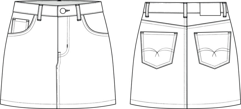 Technical fashion of a women's denim mini skirt with pockets front back view clothing