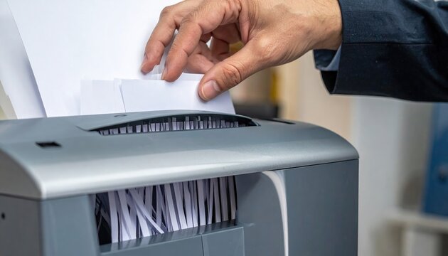 Closeup of hands putting papers into shredder machine, office workflow