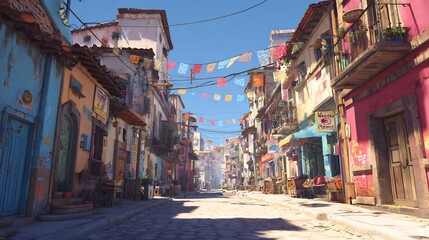 Fototapeta premium Brightly colored street with rustic blue and pink buildings and festive banners under a blue sky