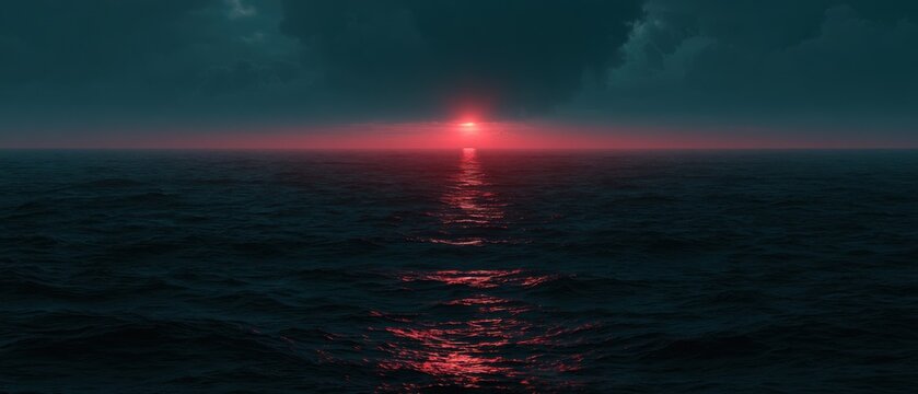 Dramatic red sun setting over dark ocean horizon, glowing light reflection path across calm sea under stormy sky