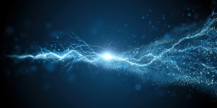 Blue electric lightning energy burst with sparkling particles, abstract plasma power discharge glowing across dark background
