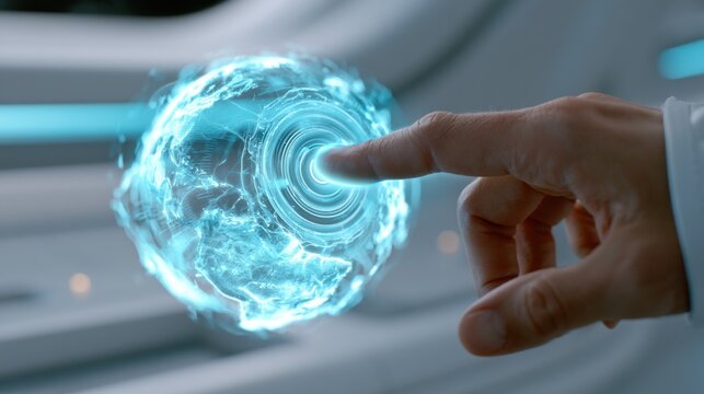 Businessman finger touching holographic globe sphere with digital interface, futuristic global technology connection concept