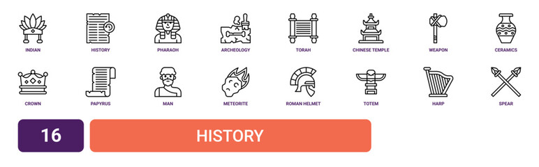 Set of 16 outline web History icons such as spear, harp, totem, roman helmet, meteorite, man, papyrus vector icons for report, presentation, diagram, web design, mobile app © Sophie