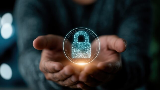 Hands presenting holographic padlock symbol with particle network, digital security and personal data protection concept