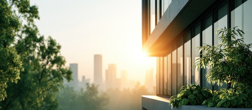 Modern office building with green plants on window ledge, sustainable city architecture and sunrise over urban skyline