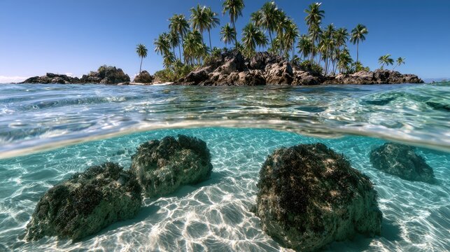 Tropical paradise clear turquoise water, coral reefs, and palm-fringed islands