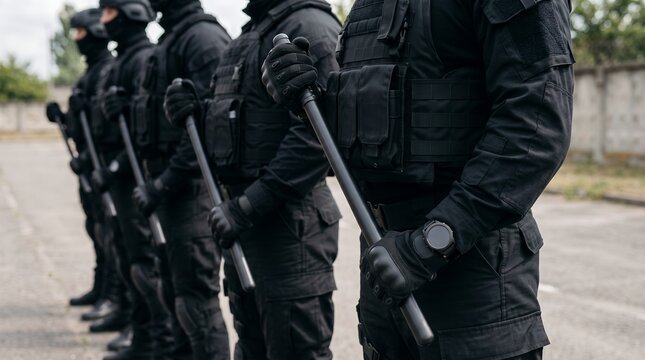 A row of uniformed security personnel in tactical gear holding batons and standing ready in formation outdoors police officer law enforcement riot protest duty protection armed training