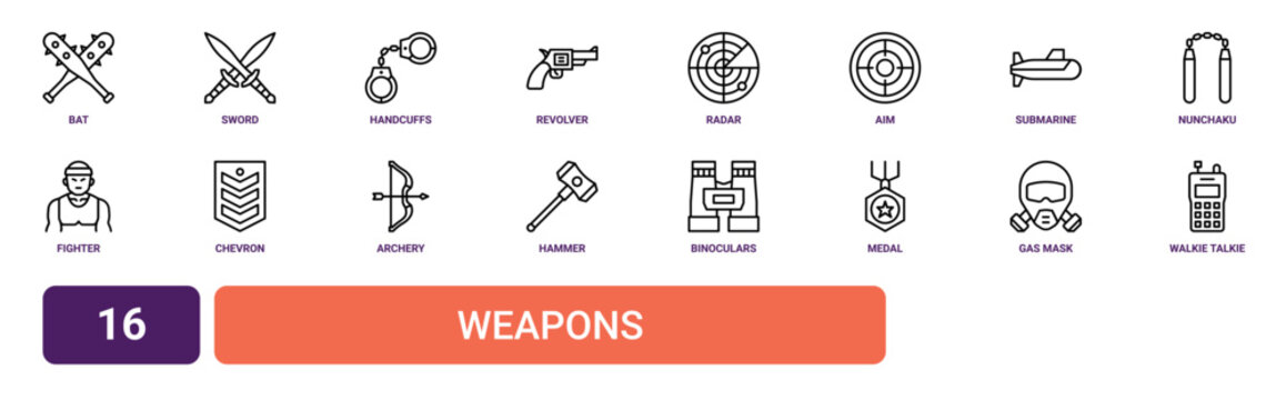 Set of 16 outline web Weapons icons such as walkie talkie, gas mask, medal, binoculars, hammer, archery, chevron vector icons for report, presentation, diagram, web design, mobile app