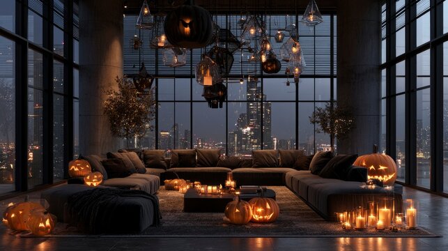 Cozy Modern Lounge Room with Halloween Pumpkin Decorations and Candles