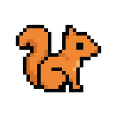 Fototapeta premium Cute Pixel Art Orange Squirrel Character with Bushy Tail, 8-Bit Retro Woodland Animal Sprite for Games, Forest and Nature Design