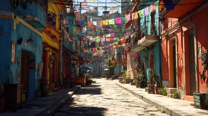 Fototapeta premium Vibrant narrow cobblestone street with colorful buildings and festive decorative banners hanging overhead in a sunny town