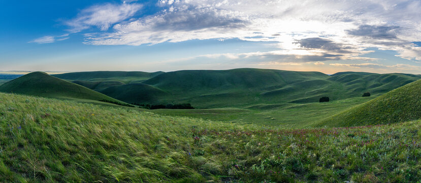 Panoramic landscape view. Summer sunset at Hills in the Orenburg region, Russia. Hilly terrain, mountain fields. The beginning of the Ural Mountains.