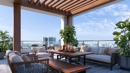 Fototapeta premium Modern Rooftop Lounge Terrace with City Skyline Views and Outdoor Seating