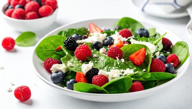 Fresh spinach salad with cheese and berries on white table, natural daylight