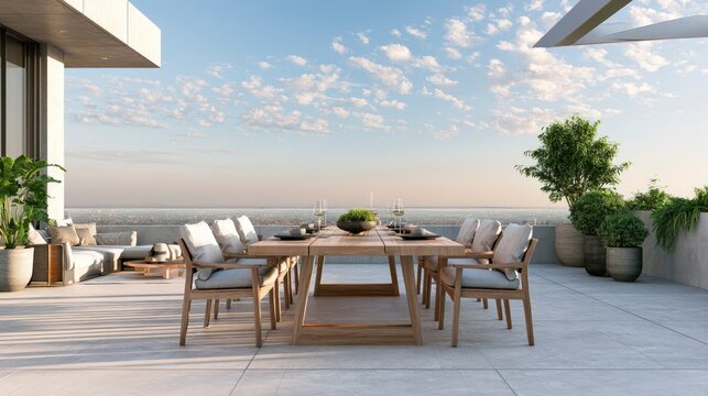 Modern rooftop terrace with ocean view, outdoor dining table and seating area