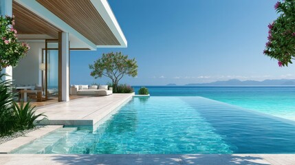 Fototapeta premium Modern luxury residence with infinity pool overlooking ocean and nature scenery