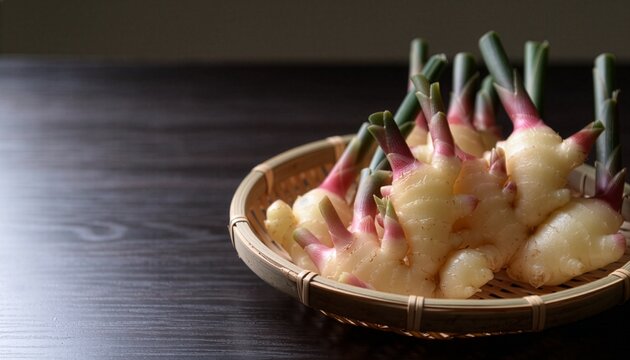 Fresh young ginger shinshoga in bamboo basket, Japanese early summer still life