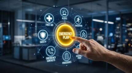 Fototapeta premium Digital interface displaying corporate emergency response management system with interactive circular icon menu network with interacting glowing digital