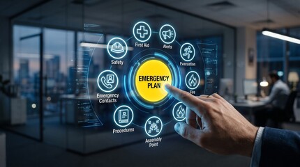 Fototapeta premium Business professional interacting with digital emergency management interface in modern office setting during evening hours with protocols emergency preparedness