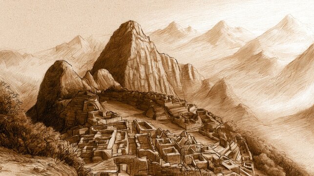 Mountainous landscape overlooking ancient terraced city with surrounding peaks