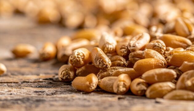 Macro of wheat grains on wooden table
