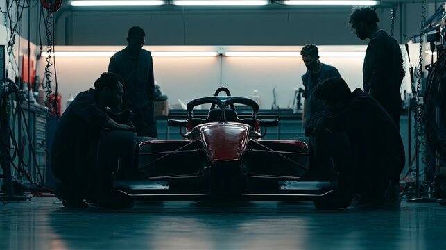 Team of engineers working on race car in workshop with bright lighting and tools
