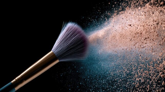Close-up of makeup brush dispersing powder onto black background with colorful particles